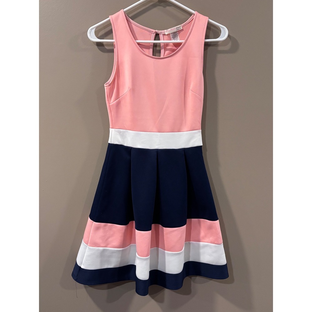 A'GACI Pink Navy White Colorblock Pleated Skater Dress Size Small